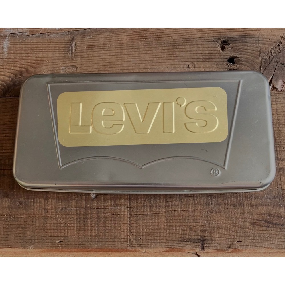 Vintage Levis SilverTab Embossed Metal Tin Storage Box Collectible 90s Stickers